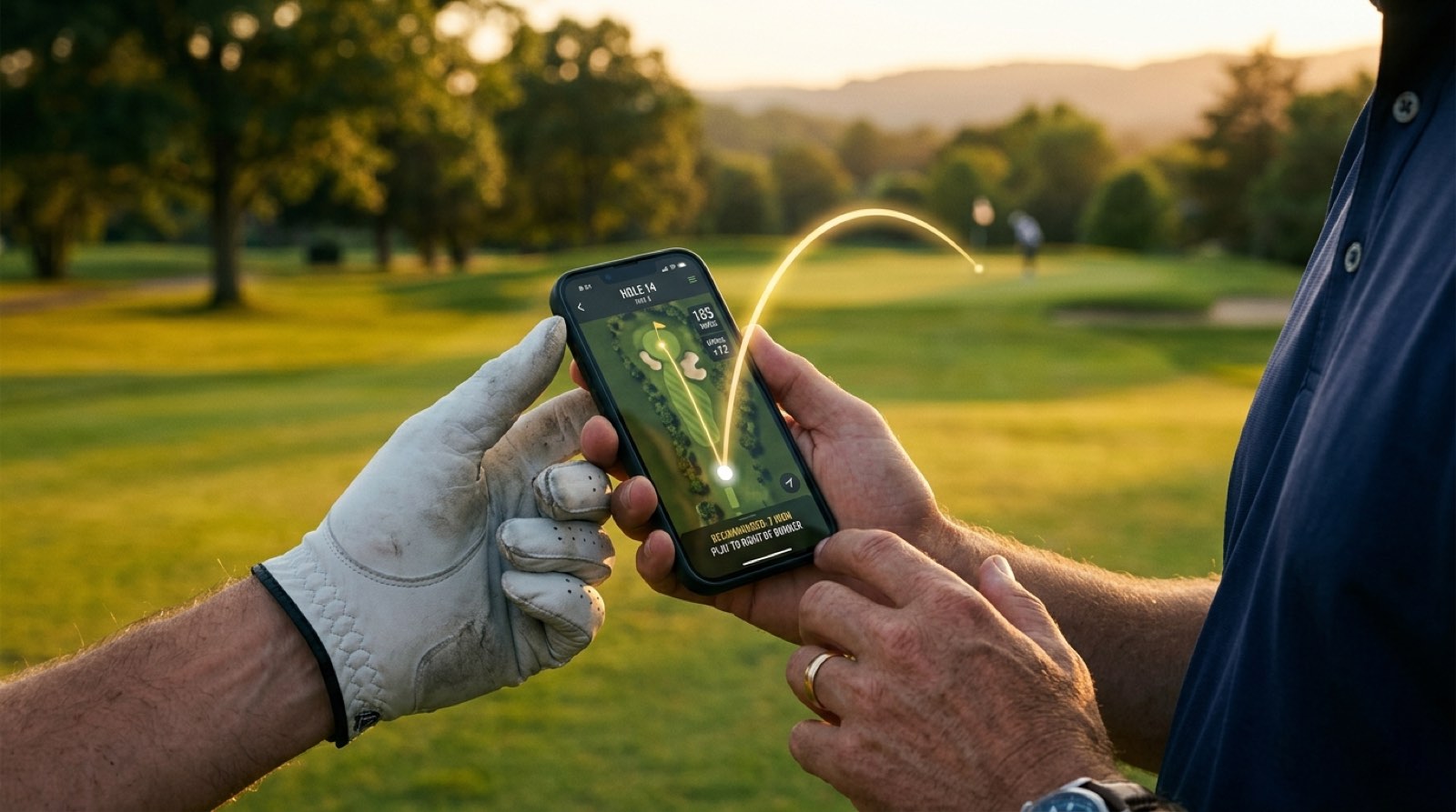 A glowing strategy line across the fairway